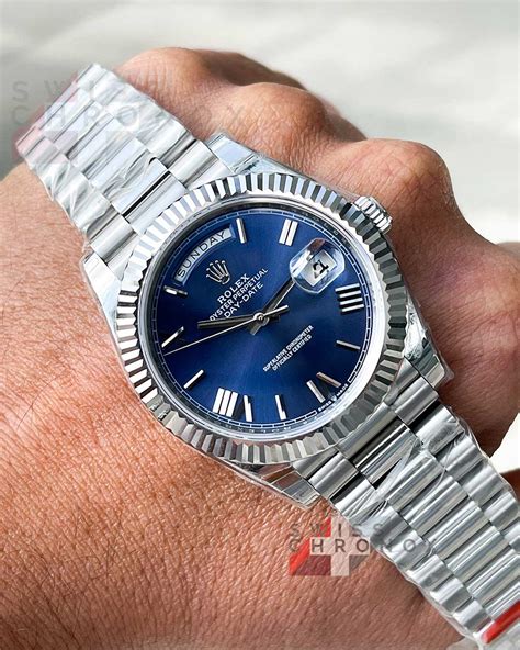 platinum rolex day date blue dial|Rolex Day-Date blue face.